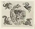 Blattförmiges Ornament mit einem Putto, der einen großen Obstkorb trägt, Das Neuw Grottesken Buch Nürnberg 1610, RP-P-1953-112