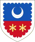 Silberne Butzen in zwei goldenen sechsblättrigen Blüten im Wappen von Mayotte, Frankreich
