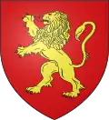 Wappen mit einem gelben, nach links gehenden Löwen, der seine rote Zunge ausstreckt. Der Untergrund ist rot.