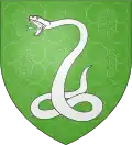 Wappen mit einer weißen Schlange, die sich schlängelt und nach links oben ihr Maul öffnet. Der Untergrund ist grün.