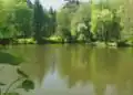 Inselsteich mit der Insel und der Statuensockel im Hintergrund