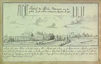 Blick auf die Burgruine und das Gutshaus (1791).