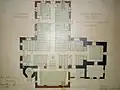 Grundrisszeichnung von 1900. Schwarz die historischen Bauteile, rot die durch den Umbau ergänzten