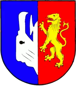 (heraldisch) rechts ein stilisierter liegender Adlerkopf (Bosau&nbsp;DE)