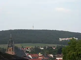 Bosenberg von St. Wendel gesehen. Links: Wendalinusbasilika, Rechts: Bosenberg Kliniken