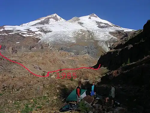 Frontale Farbfotografie eines Berges mit Schneespitze und unten rechts drei Camper mit Ausrüstung. In der Mitte und ein gutes Stück vom Schnee entfernt ist eine rote, ungerade Linie mit der Jahreszahl 1985 horizontal eingezeichnet. Unten rechts steht das Aufnahmedatum „08.12.2003“