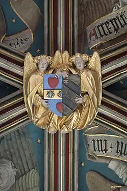 Gewölbeschlussstein mit dem Allianzwappen des Ehepaars