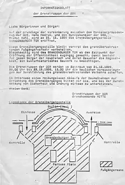 Informations­blatt der Grenztruppen der DDR: Öffnung des Branden­burger Tores mit getrennter Ein- und Ausreise