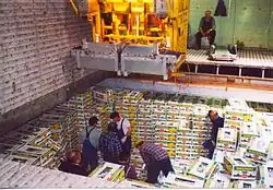 Blick in den Laderaum eines Kühlschiffes mit Bananen, es wird Platz für den Elevator gemacht, damit werden die Kartons gelöscht.