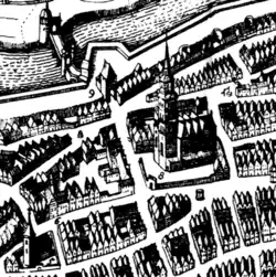 Auszug Merianplan 1641: Ansgariikirche, links davon das spätere Gewerbehaus