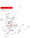 Netzplan 1972; die bis dahin gebauten Tunnelstrecken sind rot gezeichnet