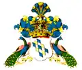 Wappen der Freiherren von Buddenbrock, mit Pfauen als Schildhaltern, eine Reminiszenz an die ursprünglichen Pfauenfedern der Helmzier –&nbsp;hier mit geschlossenen Stößen&nbsp;– im schlesischen Wappenbuch von Leonard Dorst von Schatzberg (1847)