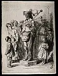 Basse de Flandre, Straßenmusiker mit Bumbass in Flandern. Radierung in der Zeitschrift L'Art universel, erschienen 1873–1876 in Brüssel