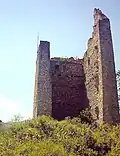 Bergfried einer Ministerialenburg des Stiftes Kempten: Der zeitweilig bewohnbare Hauptturm der Burg Vilsegg (Tirol). Die Balkenlöcher lassen die ehemalige Geschosseinteilung erkennen