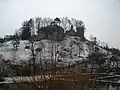 Ansicht der Burgruine aus nördlicher Richtung. Auf dem Felsen sind die Mauerreste eines Burggebäudes sichtbar (April 2009)