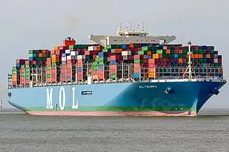 MOL Triumph läuft am 15. Mai 2017 mit 400&nbsp;m Länge, 58,80&nbsp;m Breite und 20.170 TEU, also als erstes Schiff mit über 20.000 Stellplätzen in die Elbe ein. Der Tiefgang betrug 13,40&nbsp;m von maximal möglichen 13,90&nbsp;m in Frischwasser. (Aufnahme vor Cuxhaven)