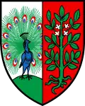 Pfau und Buche (lat. fagus) für Pfauen (volksetymologische Anlehnung an Pfau und korrekte Herleitung von fagus)
