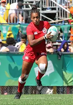 Keyara Wardley in roter Spielkleidung hält den Ball in beiden Händen und läuft vorwärts.