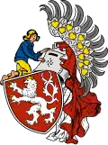 auf der Helmdecke kniender Junge, der mit beiden Händen den Helm im Wappen von Slaný hält