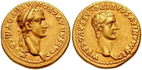 Aureus des Caligula aus dem Jahr 40, auf der Rückseite sein Vater Germanicus