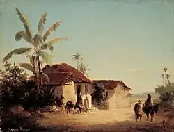 Paysage avec masures et palmiers