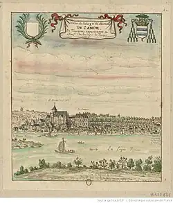 Reproduction d'une aquarelle en couleurs représentant un village et ses bâtiments.