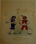 Lanzknechte; auf der Fahne: Ob Rittersmann oder Lanzenknecht. Ein Jeder gern ein Schoppen stecht; u. l.: Küfer-Genossenschaft; u. m.: (einfaches Costüme in versch. Farben ausgef.) (beschränkte Anzahl.); Bm;