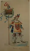 Herold zu Pferd; i. d. Standarte: Ein fröhlich Gemüth und edler Wein, die mögen nur am Rhein sein; u. r.: Arch.Baum 86