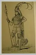 Zugordner, u. m.: Zugordner, vor od. neben dem Prinzen-Wagen; u. l.:6 Stück. (?) / Prinz-Wagen; 4 Stück m. Wagen vom Gefolge; Bürgergruppe.