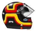Bellofs Helm mit dem von seiner Freundin Angelika Langner 1982 entworfenen Helmdesign in den Nationalfarben Deutschlands