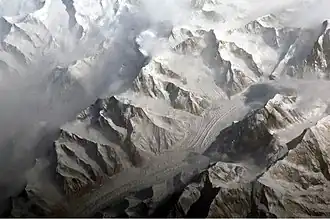 Aufnahme aus dem Weltraum: Muzartgletscher (mittig); Xuelian Feng (Bildmitte unten)