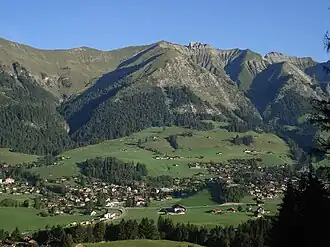 Château-d’Oex am Fuss des bewaldeten Le Guenéflin (1845&nbsp;m&nbsp;ü.&nbsp;M.), rechts daneben das zerklüftete La Vausseresse, darüber erhebt sich der Fels des Vanil Carré. Links der Pra de Cray