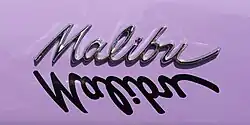 Logo eines restaurierten Chevrolet Malibu, künstlerisch mit Reflexion unterlegt.