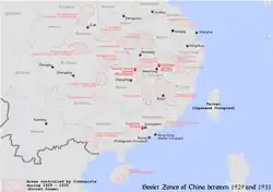 Karte der „kommunistisch kontrollierten Sowjetzonen Chinas“ während und nach den Einkreisungsaktionen.
