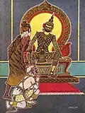 Ramakien-Szene mit dem Einsiedler Khobut, Hanuman und dem Dämonenkönig Thotsakan