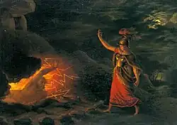 Ein neben einem Schwert in einem Hügel liegender Mann blickt auf eine rechts stehende Frau mit Kleid, Helm und Speer, die von dem gelbroten Licht mit Blitzen hinter ihm angeleuchtet wird und die rechte Hand in einer zu ihr bittenden Geste ausgestreckt hält.