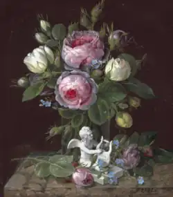 Arrangement mit weißen und rosafarbenen Rosen und Vergissmeinnicht in einer Glasvase