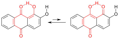 Tautomere Formen der chromophoren Gruppe (rot) des Alizarins
