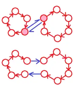 Durch die Hintereinanderausführung einer Permutation (rot) mit einer Vertauschung (blau) erhöht sich die Anzahl der Zyklen um eins, wenn die vertauschten Elemente innerhalb eines Zyklus liegen (links) und sie verringert sich um eins, wenn sie in verschiedenen Zyklen liegen (rechts).