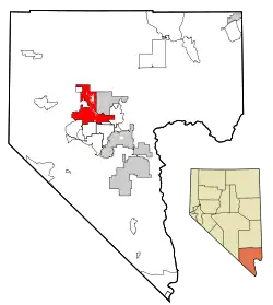 Lage von Las Vegas im Clark County (links) und in Nevada (rechts unten)