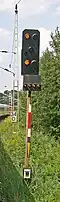 Hl-Signal als Einfahrsignal des Bahnhofs Zossen, Signalbegriff Hl 12b: Geschwindigkeit 60 km/h ermäßigen, Halt erwarten