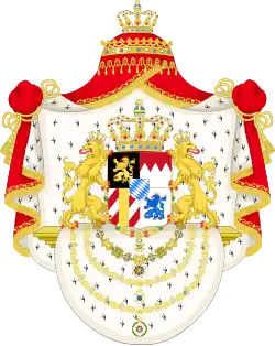 Großes Wappen des Königreichs Bayern mit den Collanen der vier höchsten Orden (von oben nach unten): 1. Hubertusorden 2. Georgsorden 3. Militär-Max-Joseph-Orden 4. Verdienstorden der Bayerischen Krone