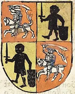 Wappen von Vytautas dem Großen mit dem stehenden Ritter von Kęstutaičiai und Vytis (Waykimas), das während des Konstanzer Konzils verwendet wurde. Gemalt von Ulrich von Richental, 15. Jahrhundert.