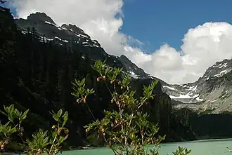 Der Columbia Peak (links) und der Columbia-Gletscher (rechts) mit dem Blanca Lake im Vordergrund, Blick nach Norden[1]