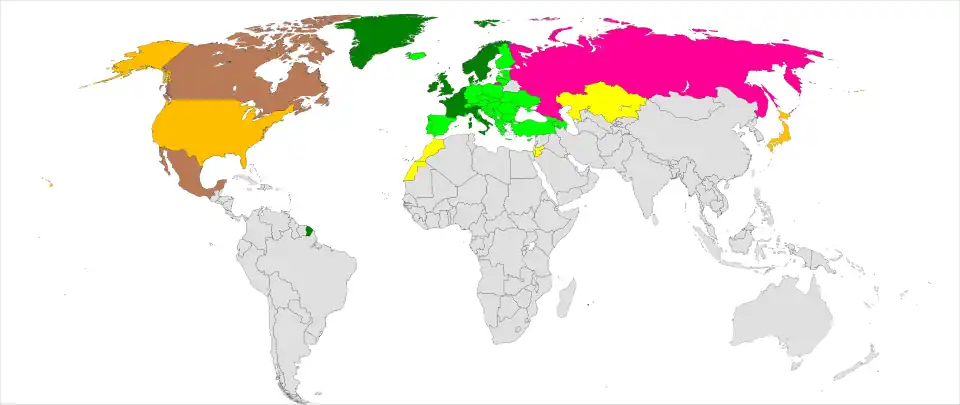 Weltkarte mit den Mitgliedstaaten des Europarates