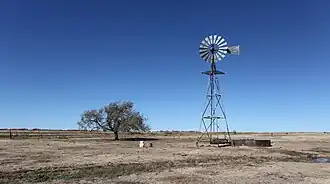 Landschaftaufnahme mit Prärie, Baum und Windrad