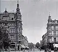 Blick in die Elberfelder Straße: links das Eckhaus Witwe Schmitz-Lenders Alleestraße 24; rechts Eckhaus Johann Peters Alleestraße 26 (1904)