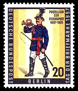 Postillon der Reichspost (1897 bis 1925) auf einer 20-Pf-Sondermarke der Bundespost Berlin (1957)