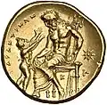 Stater. (um 320 v. Chr.), 18 mm. Dazugehöriger Revers. ΤΑΡΑNTINΩN. Poseidon sitzend im Hüftmantel nach l. Er hält in der l. Hand seinen Dreizack, die r. Hand liegt auf dem Knie. Er hat den Kopf nach unten zu dem vor ihm stehenden Taras geneigt, welches die Arme zu ihm ausstreckt.[94]