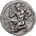 Didrachme. (ca. 510-500 v. Chr.), 26 mm. Nackter kniender Hyakinthos. In seiner l. eine Leier. In seiner r. eine Hyazinthe. (Avers).[3]